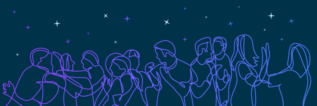 Graphic design. Line art of a group of people hugging, talking to, and high-fiving each other, with the line color going from purple to light blue. The background is dark blue, with white, purple, and light blue stars.